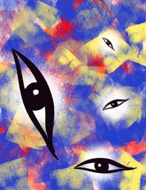 紅藍黃宇宙與眼睛的創作圖像