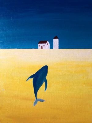 鯨魚與遠方房屋的繪畫作品